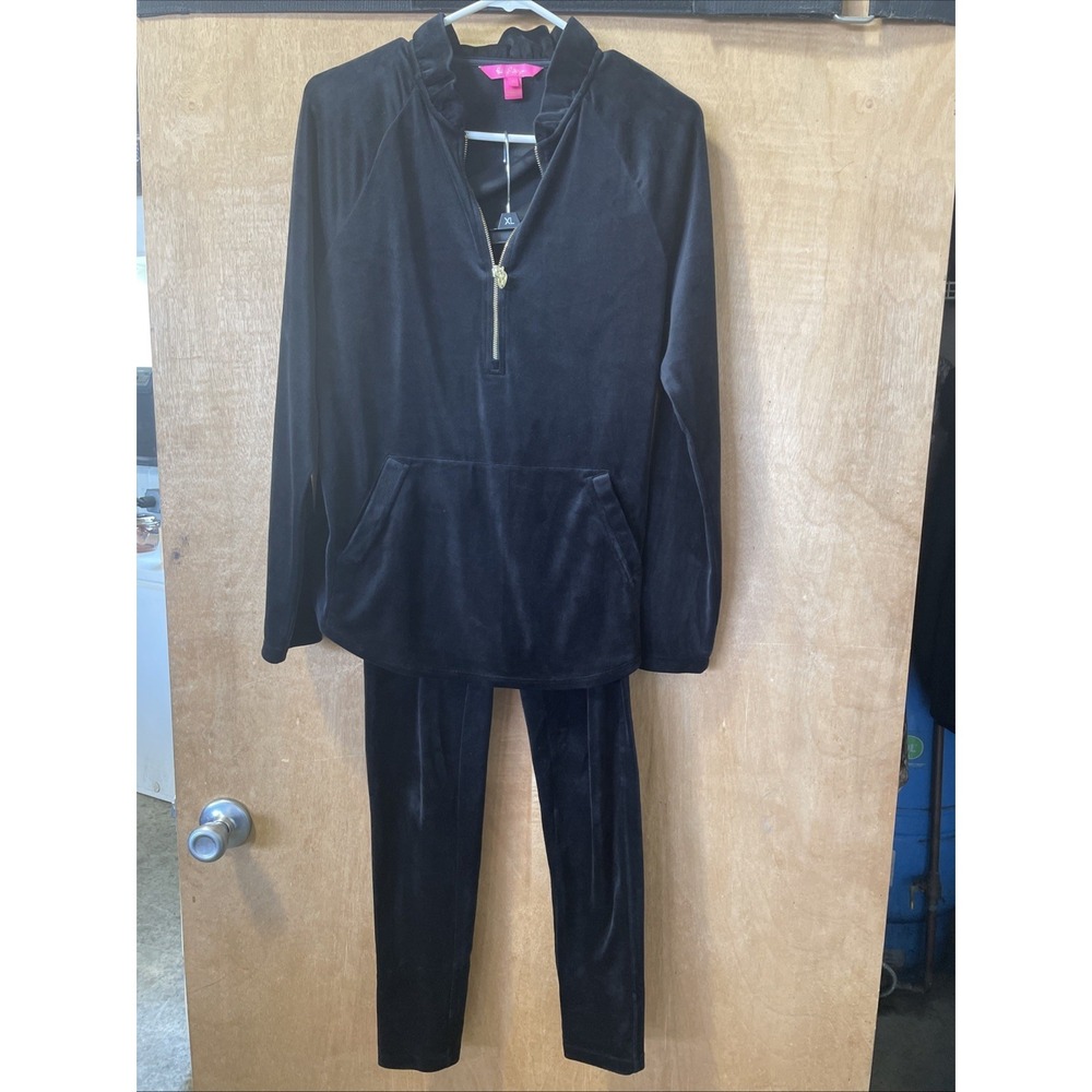 lilly pulitzer Black Velour Medium 1/4 Zip And Small Pants Set
